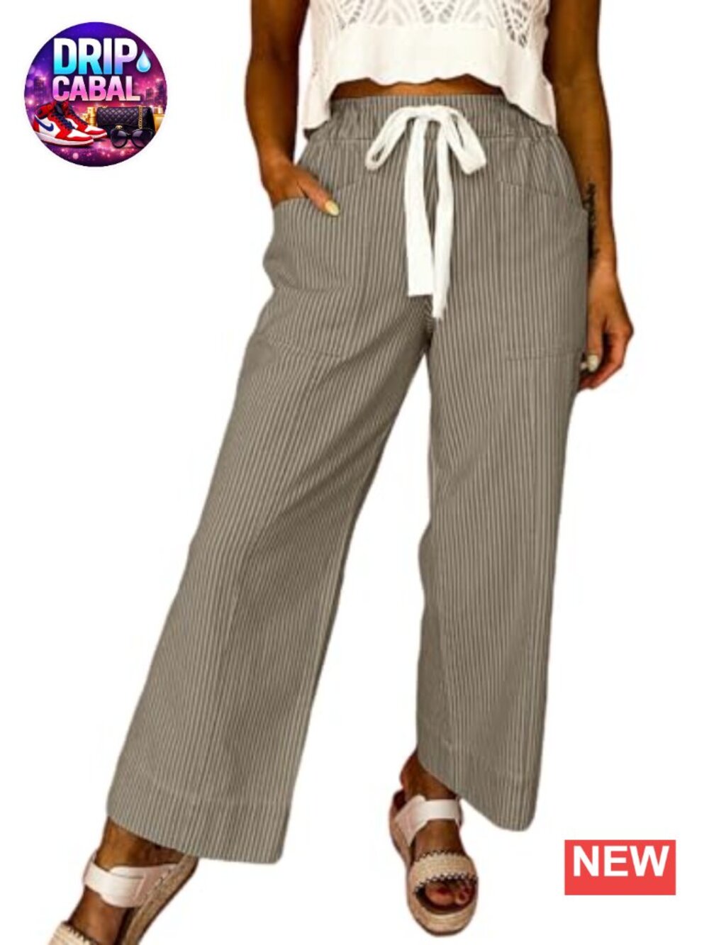 Elastic High Waist Striped Wide Leg Pants